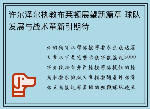 许尔泽尔执教布莱顿展望新篇章 球队发展与战术革新引期待